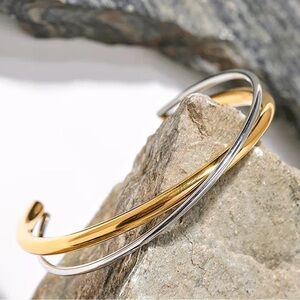 NEW 18K Gold Stainless Steel Geo Double Color Cuff Bracelet